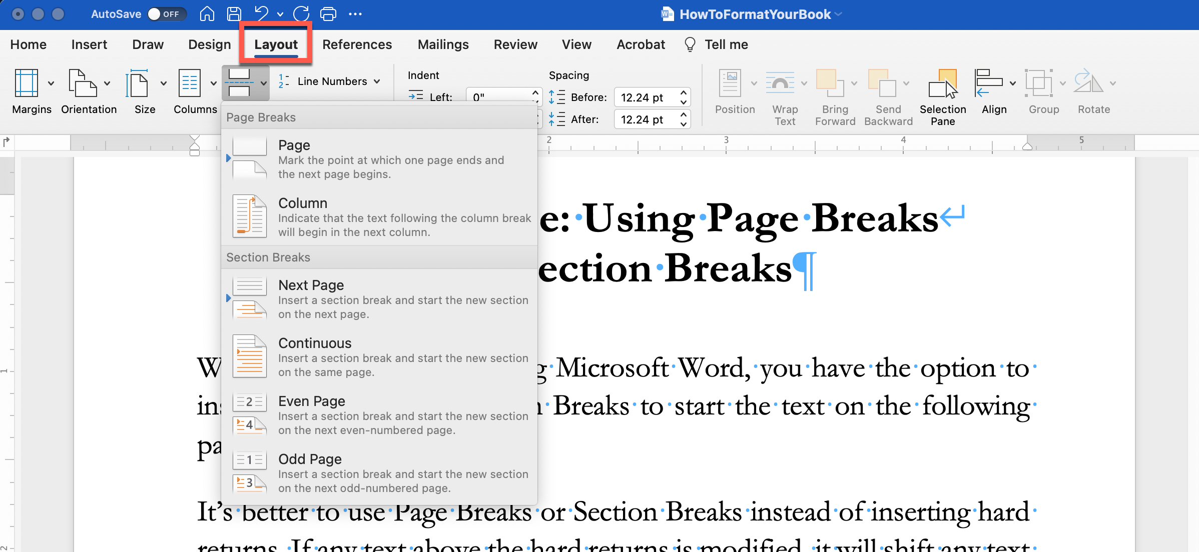 Insert Page and Section Breaks